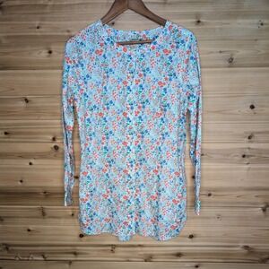 Duluth Trading Co Womens Garden Print Button Down Tunic Shirt Floral White M
